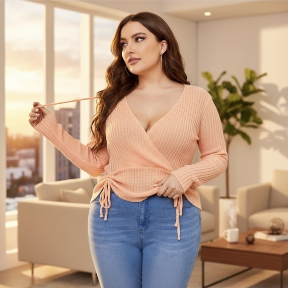SHEIN ✦ Coral Plus Size Wrap Sweater ✦ Drawstring Front Surplice Top 3X - Picture 2 of 7